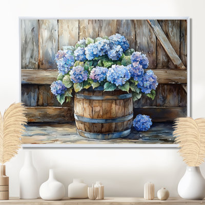 Hydrangeas In A Wooden Barrel - Hydrangea Wall Art