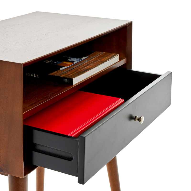 Calvin Mid-Century Brown Wood Side Table with Storage Drawer