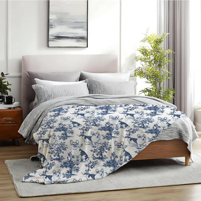 Jeté Chinoiserie Corgi, cadeaux Corgi, jeté en tissu français et bleu grand millénaire pour décoration de chambre à coucher, 50 x 60 pouces