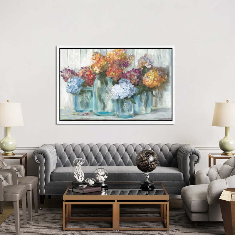 Fall Hydrangeas In Glass Jar Crop by Carol Rowan - Painting on Canvas, 152.5 cm H x 101.5 cm W, White Framed