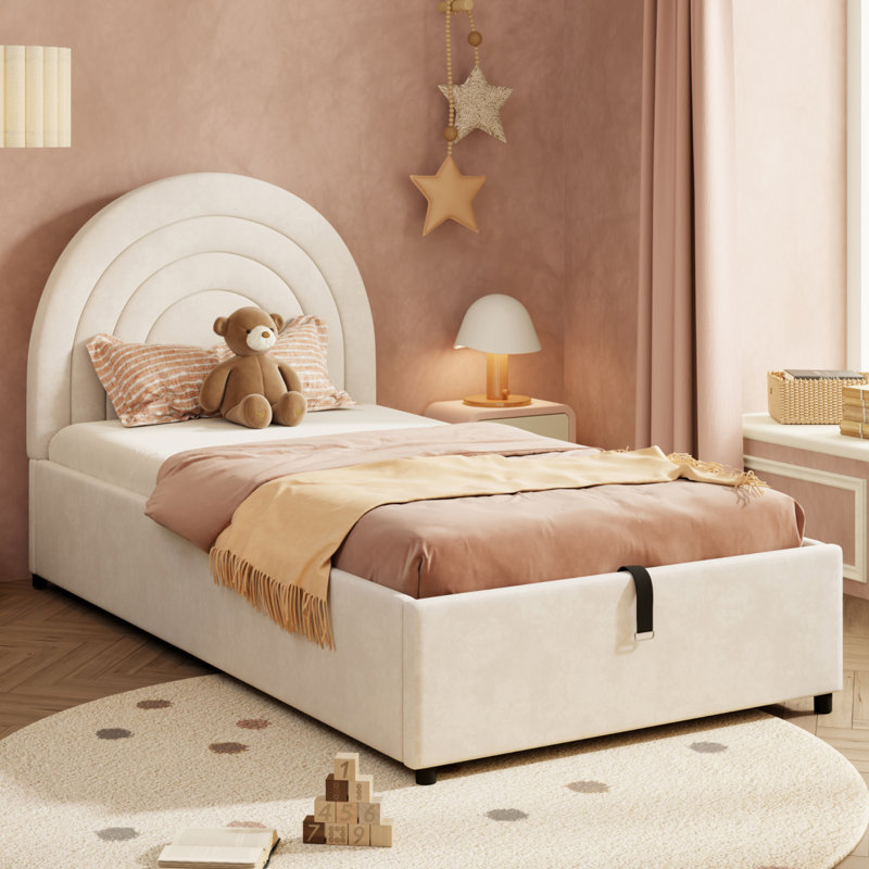 Upholstered Single  Bed 3Ft 90*190 Wooden Slats, Velvet - Beige