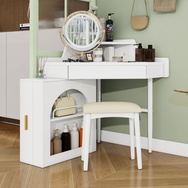Bureau de coiffeuse avec miroir à DEL, tabouret et armoire latérale, Blanc