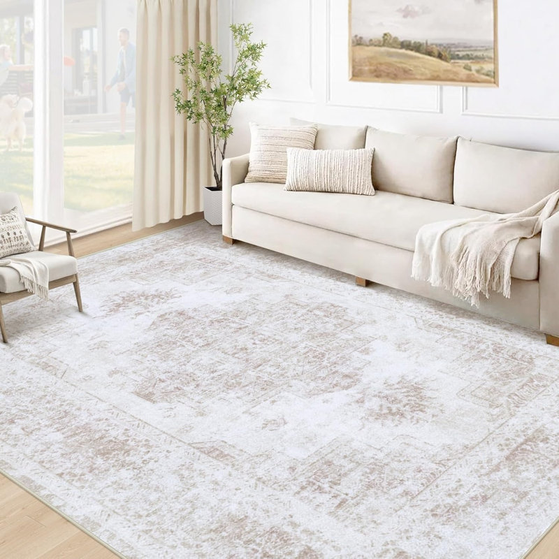Blush Cream Distressed Medallion 5 x 7 Ft Rug for Dining Room Entryway