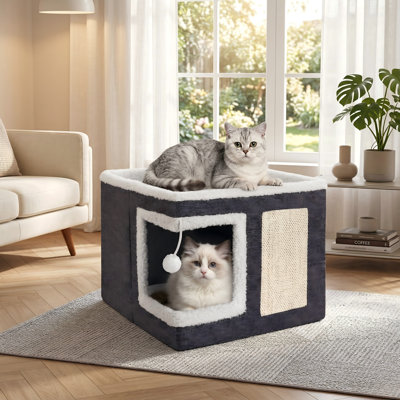 Large Indoor Cat Bed Cave with Scratch Pad & Fluffy Ball, Foldable Cat Condo Hideaway, Reversible Cushion for Multi Small Pets, Dark Grey