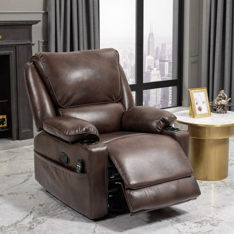 Deluxe Oversized Swivel Massage Recliner Chair with Power Recline, Heat, Rocking & Storage, Brown