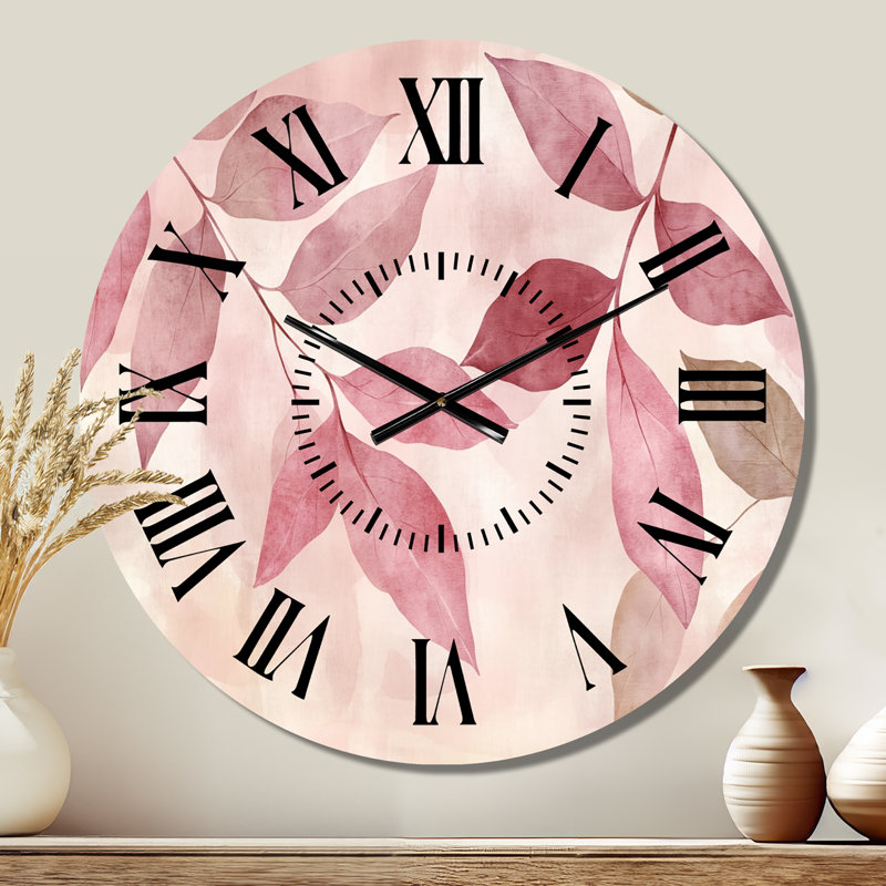 Horloge murale en métal ronde silencieuse avec motif de feuilles roses - Horloge murale botanique silencieuse, Grand