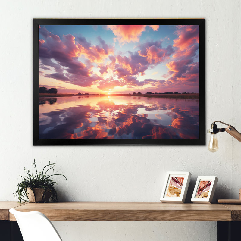 Coucher de soleil, barbe à papa - impression, H 34 po x l 44 po x P 1,5 po, Cadre photo noir