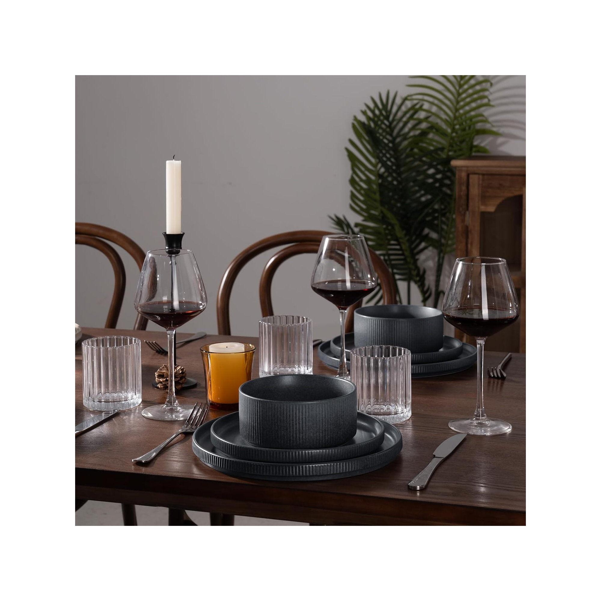 Stoneware Dinnerware Set, Service for 4, Matte Dark Charcoal