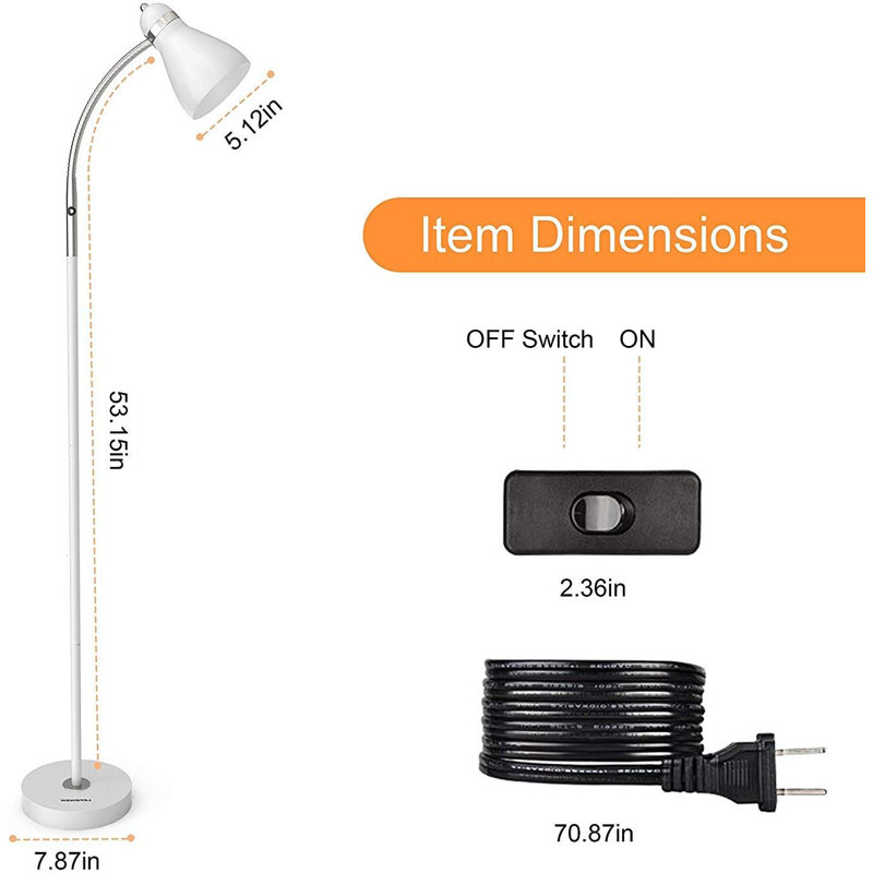 Lampe sur pied en métal avec col-de-cygne réglable, lampe sur pied en métal lourd, lampe sur pied, Blanc, Blanc