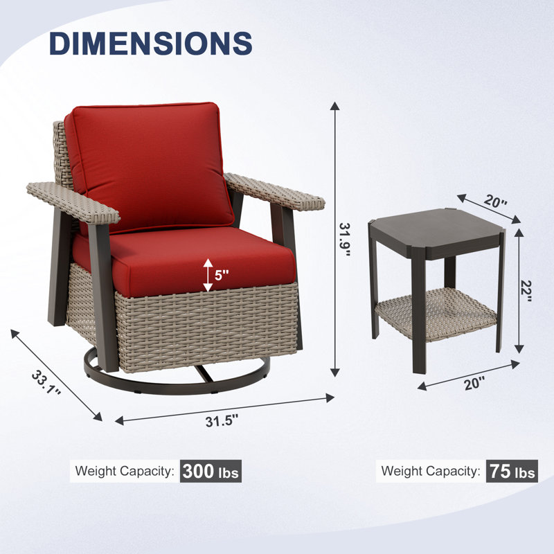 Ensemble de conversation d'extérieur 3 pièces avec chaises berçantes pivotantes en osier et table d'appoint, Red