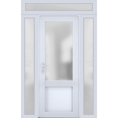 Front Exterior Prehung FiberGlass Door Frosted Glass Manux 8422 White Silk 2 Side and Top Exterior Window Office Commercial and Residential Doors Entrance Patio Garage-W12+36+12 x H80+14-Right-hand Inswing