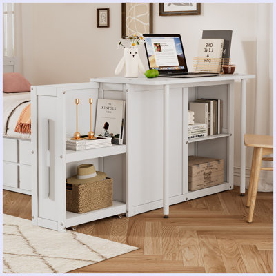Twin Size Multifunctional Wood Platform Bed with Desk and Storage Shelf at the End of the Bed, Built-in Trundle and 3 Drawers by Lark Manor