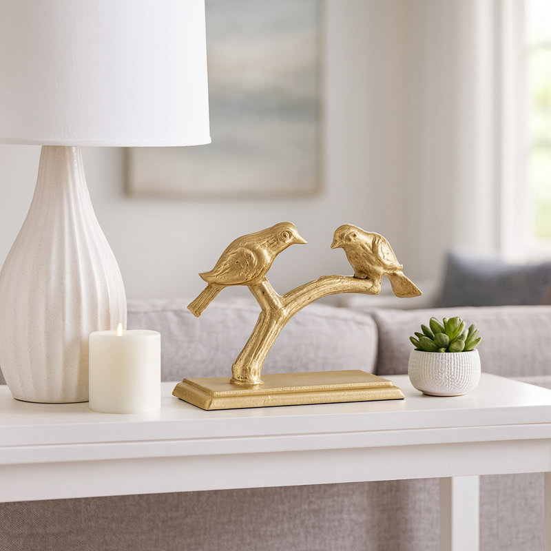 Sculpture décorative en métal de charmants oiseaux pour la décoration de table - Statue pour la chambre à coucher, une tablette ou une décoration de salon - 10 po, or et métallique