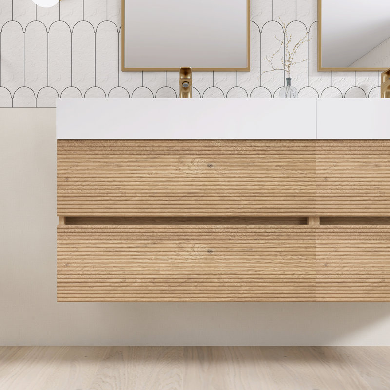 60'' Wall Mounted Double Sink Bathroom Vanity With Solid Surface Top, Oak, 60"