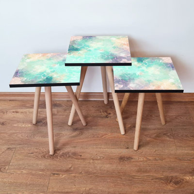 Elegant 3-Piece Nesting Table Set, Abstract Marble Design, 1.4 x 1.4 x 1.4 ft | 100% MDF with Beech Wood Legs | Large Table: 13.8 x 20.5 x 13.8 in, Me