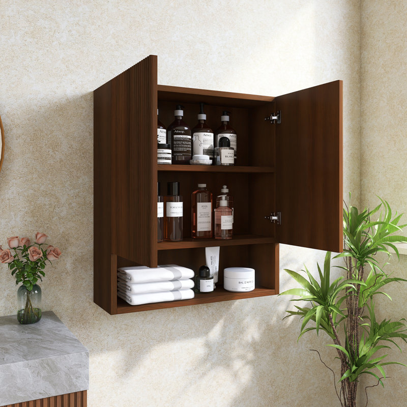 Wall-Mounted Striped Bathroom Cabinet, With Doors, Shelf And Open Storage Compartment, Drak Walnut Woodgrain Color