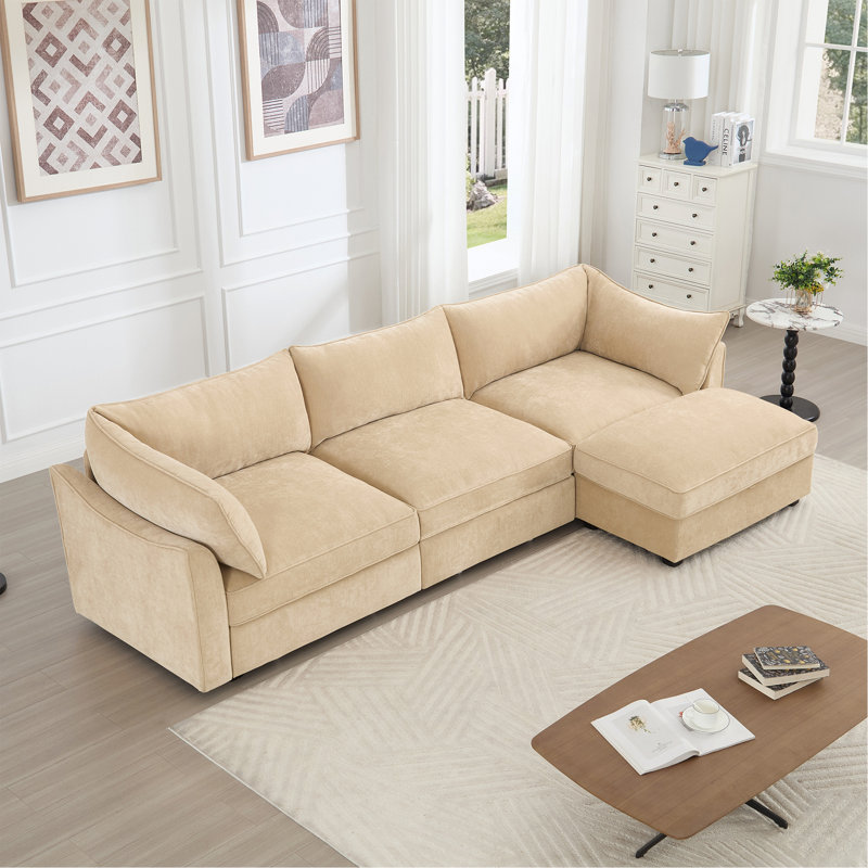 Canapé modulaire en L à 3 places, avec 1 repose-pieds mobile, accoudoirs en forme de croissant et coussins de dossier et d'accoudoirs enveloppants, tissu chenille, couleur blé.