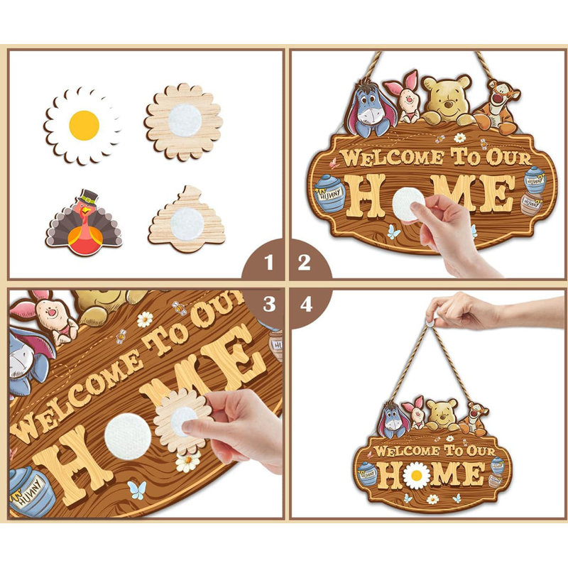 10" Winnie the Pooh Interchangeable Welcome Sign, Farmhouse Holiday Housewarming Gift Decor