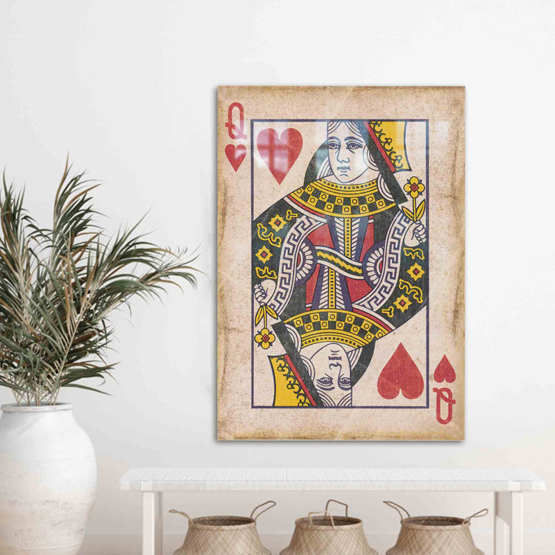 Art mural en verre trempé à thème Queen of Hearts, idéal pour ajouter une touche unique à votre salle de jeux