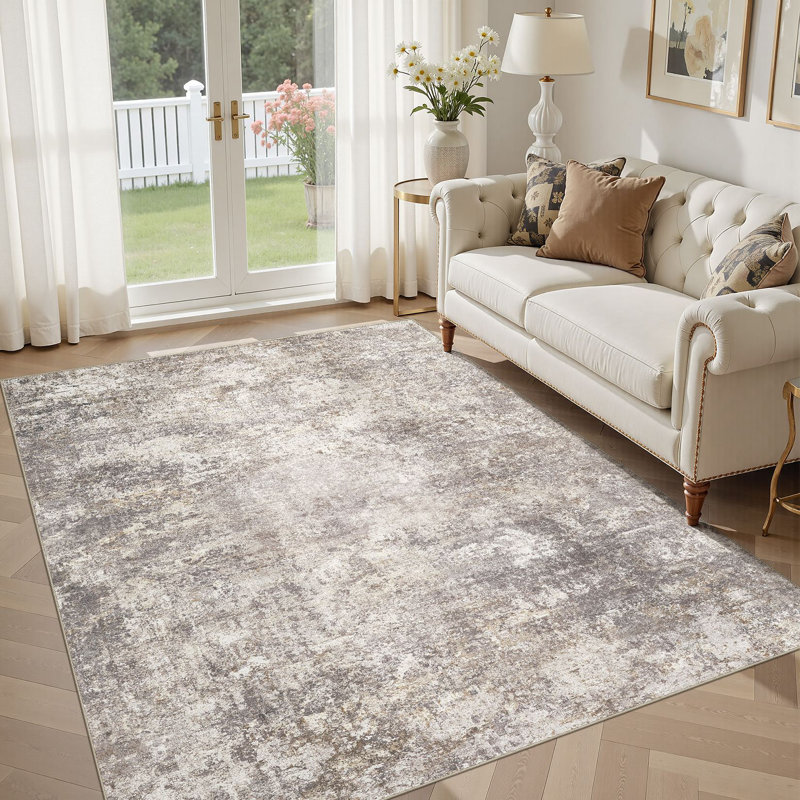  Dagmar Machine Washable Area Rug Abstract Modern Low Pile Indoor Carpet Neutral Non-Slip Backing Floor Mat for Bedroom Dining Room Farmhouse Home Office