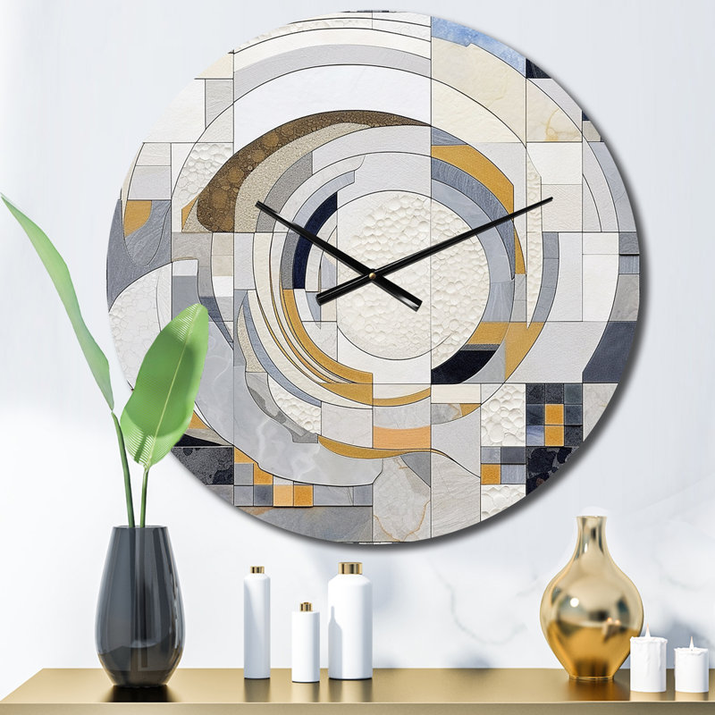 Horloge murale en métal - mosaïque grise et jaune III, Moyenne