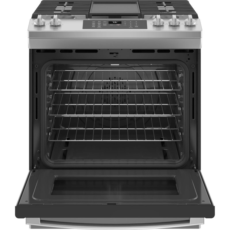 Ge 30" Slide-in Convection Gas Range With No Preheat Air Fry Slate - Jcgs760epes, Stainless Steel