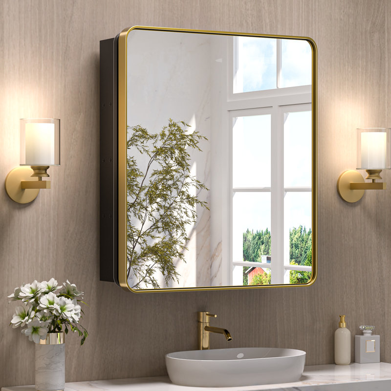Gervon Rectangle Recessed Medicine Cabinet with Adjustable Shelves, Gold, 30" H x 26" W x 5" D