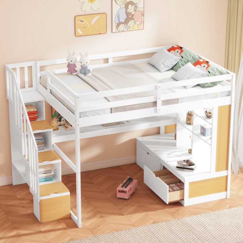 Lit mezzanine double avec bureau, tablettes, rangement - simplicité et tablette blanc naturel, zone profuse