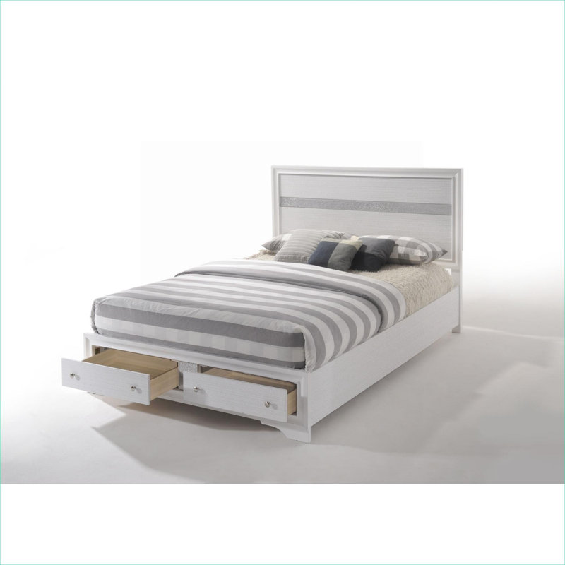 Storage Platform Bed For Residential Bedroom White Finish Synthetic Wood Queen Size With Built-In Drawer Storage