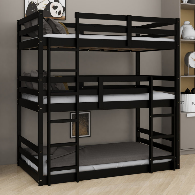 Triple Bunk Bed Featuring  Two Integrated Ladders and Guardrails, Convertible to Separate Beds, Black