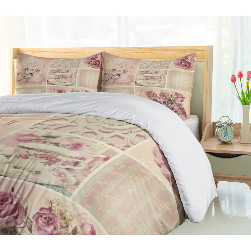 Pale Pink and White Floral Duvet Cover Set with Pillow Shams