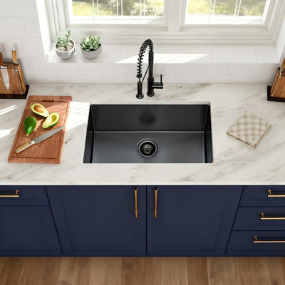 Évier de cuisine encastré noir en acier inoxydable 30 po x 18 po x 9 po T304 de calibre 16, cuve simple, guide d'eau en forme de X, revêtement pour arrêter la condensation, jauge d'épaisseur en caoutchouc, acier, pour