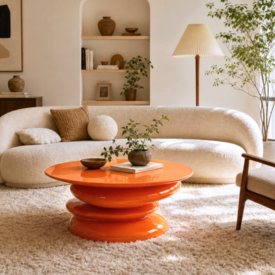 Table basse moderne haut de gamme en fibre de verre, table d'appoint ronde à pied central laqué brillant pour salon, livrée montée, orange