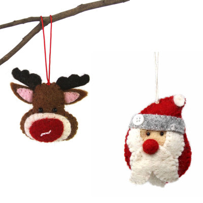 Ornement suspendu 2 pièces Père Noël et le renne au nez rouge