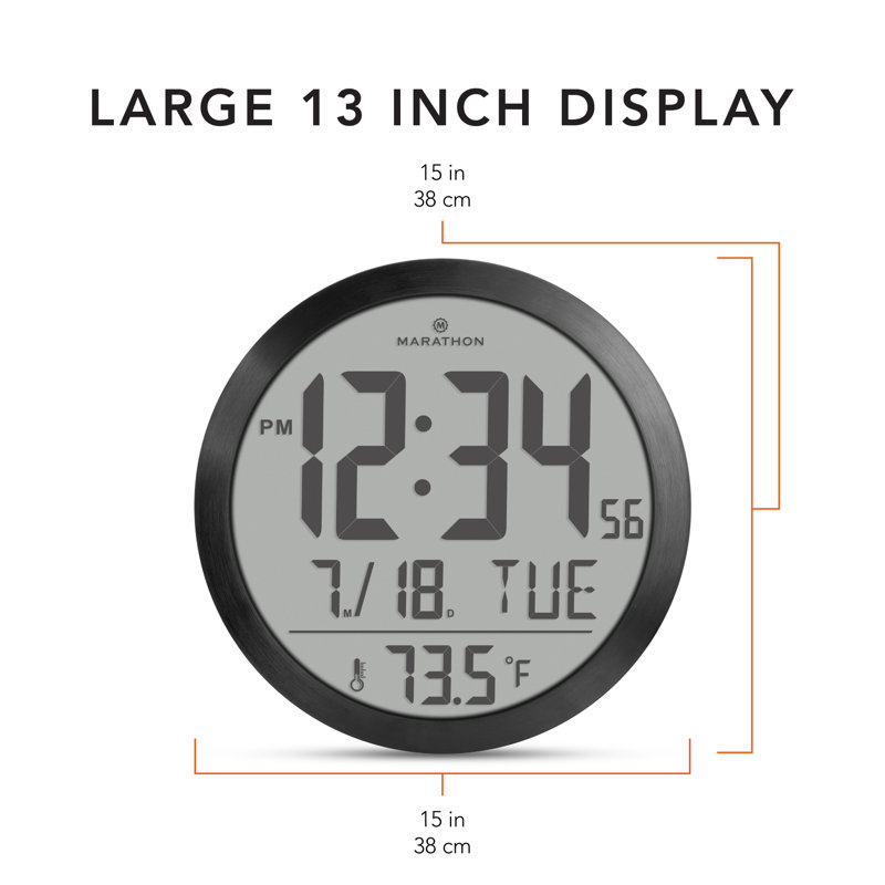 Marathon 15-Inch Black Aluminum Digital Wall Clock with Calendar and Temperature Display
