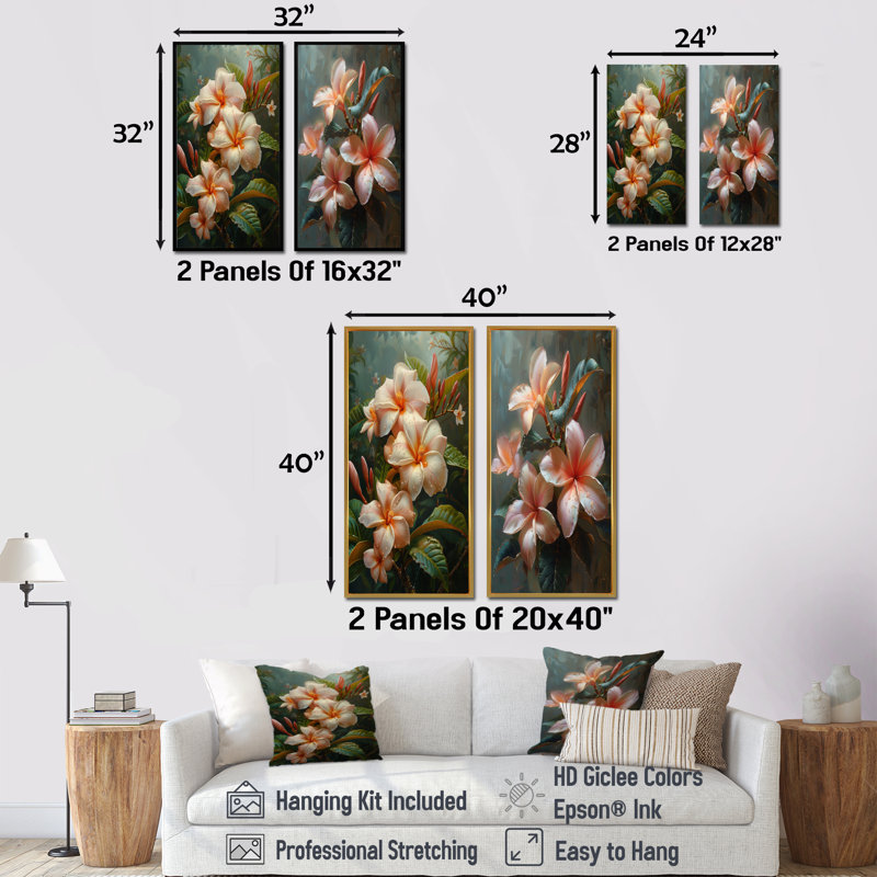 Ensemble de 2 pièces d'art mural roses et blanches tropicales Plumeria I, H 28 po x l 24 po, Toile tendue sur cadre