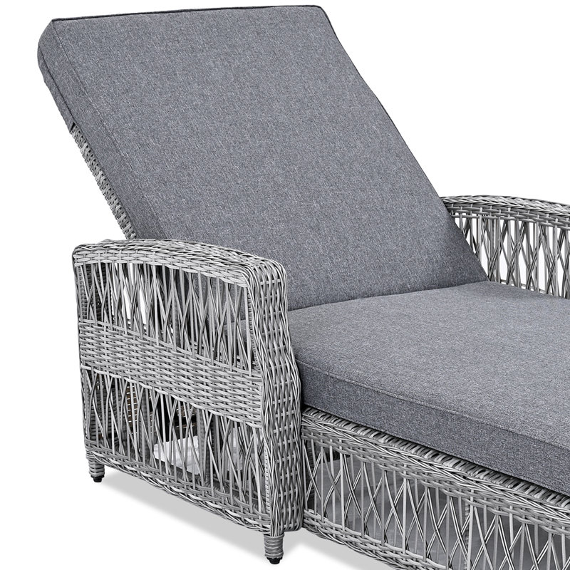 Méridienne inclinable longue 2 pièces, fauteuil d'extérieur en osier avec accoudoirs, fauteuil inclinable réglable pour patio avec coussins moelleux amovibles
