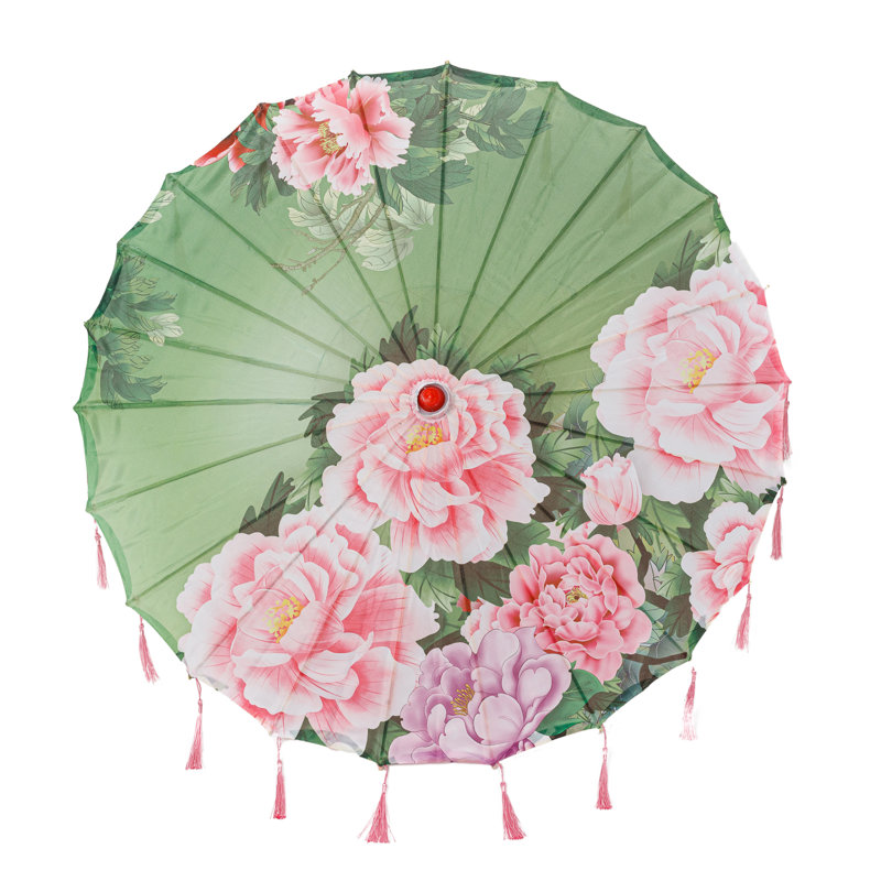 Classic Chinese Art Asian Style 33" Silk Parasol Umbrella With Tassels For Wedding Parties, Photography, Costumes, Cosplay, Decoration And Other Events - Green With Peonies