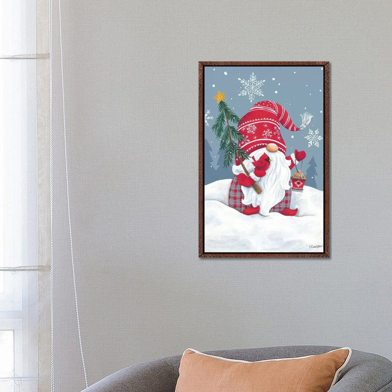 Snowy Gnome With Cardinal by Diane Kater - Print on Canvas, Classic Brown Wood Framed, 66.04 cm H x 45.72 cm W