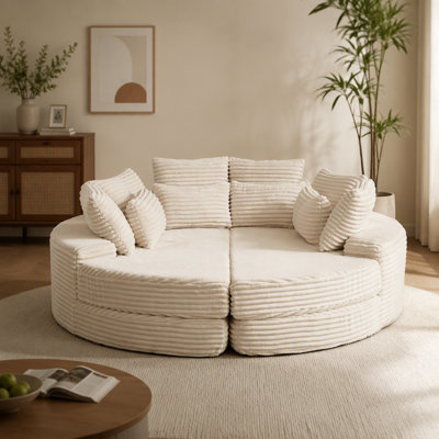 Fauteuil inclinable rond en velours côtelé de 78,5 pouces, convertible en deux fauteuils inclinables, canapé-lit 2 en 1, conception de coussin pour le cou avec cinq coussins décoratifs