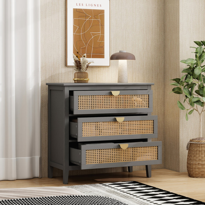 Commode décorative 3 tiroirs, commode en rotin, commode avec poignées en métal doré, Gris
