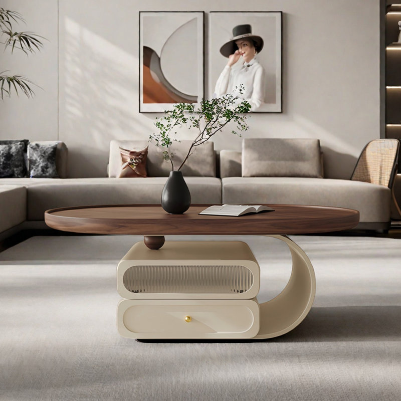 Modern oval coffee table, Cream, 17.1" H x 51.2" L x 27.6" W
