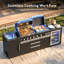 Îlot de cuisine extérieur modulaire 3 pièces avec barbecue, réfrigérateur, évier, plaque chauffante latérale, deux brûleurs latéraux et plateau à charbon Akoah