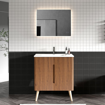 Meuble-lavabo de 30 po - aspect noyer rayé, conception moderne avec rebords arrondis, lavabo inclus, armoire autoportante et murale moderne, rebords, porte à fermeture en douceur réfléchie, grand rangement, lavabo,