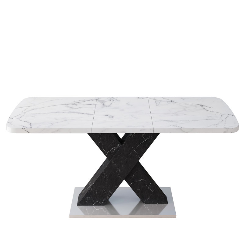 Modern Rectangle Dining Table, Printed  White, Marble Black