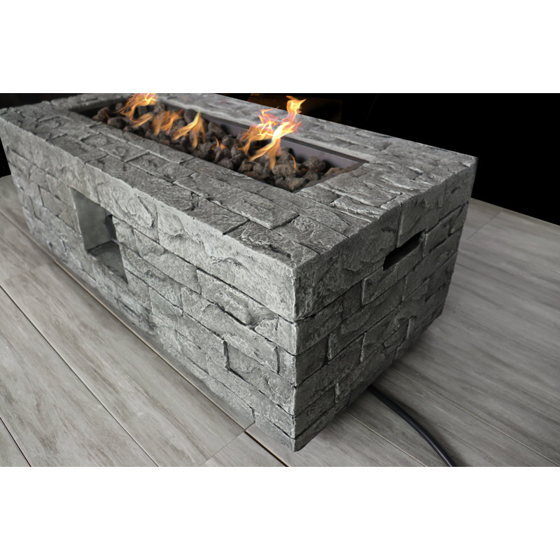 Gray Fiber Concrete Gas Fire Pit Table with Stone Finish