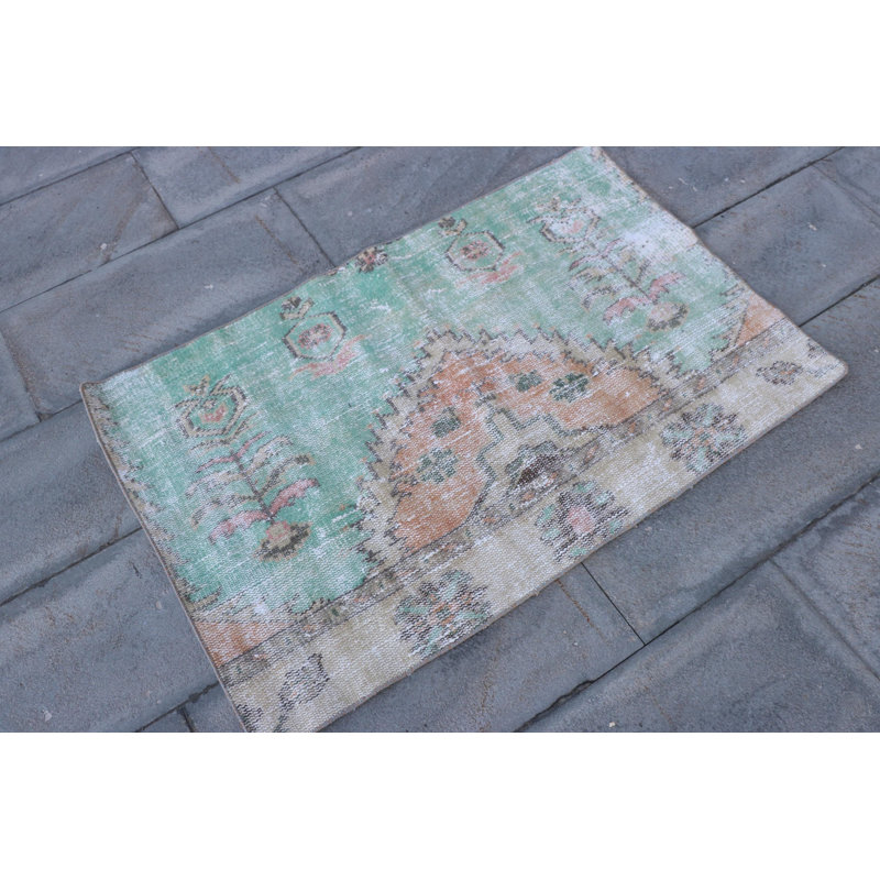 Vintage Anatolian Turkish Rug - Luxury Small Green Wool Area Rug Ideal for Bathroom or Door Mat