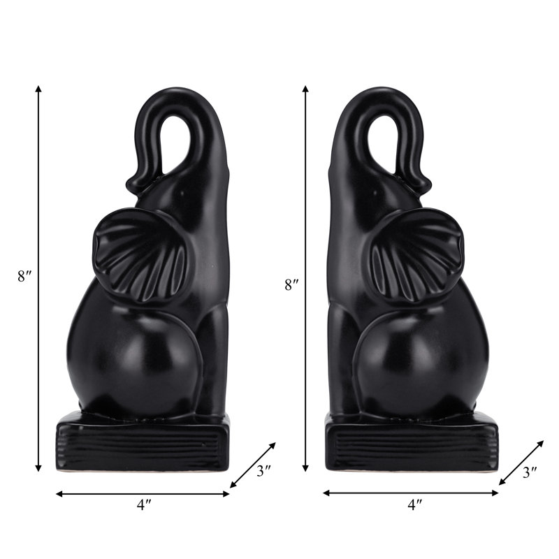 Ceramic Elephant Bookends Contemporary 8" Decorative Bookends for Book Storage, Black