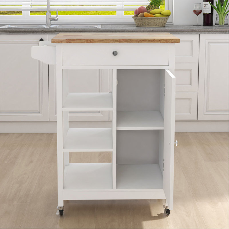 Îlot de cuisine avec chariot à roulettes avec tablettes réglables et plateau à serviettes en bois d'hévéa