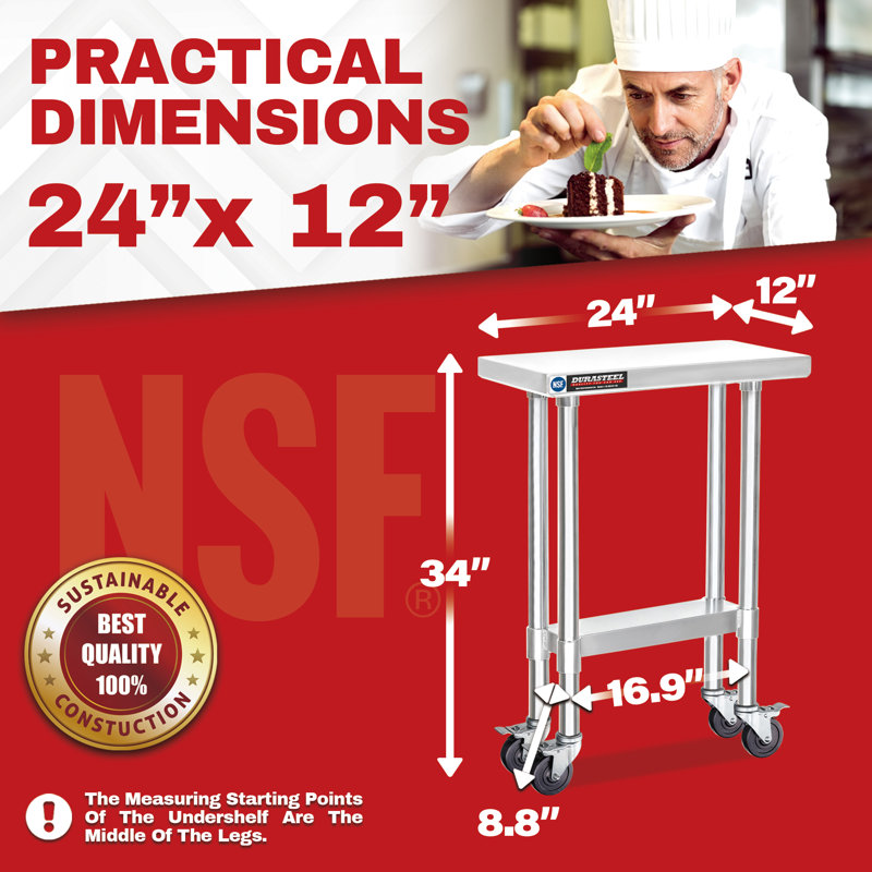24 x 12 Inch Silver Stainless Steel Movable Table Cart